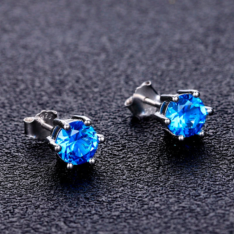 Women's Stud Earrings S925 Silver Fine Jewelry Round AAAAA Sky Blue Zircon Wedding Engaging Party Gift