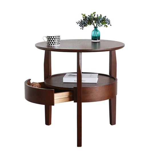 Living Room Small Round Wooden Table with Drawer,Simple Sofa Side Table, Coffee Tea Table