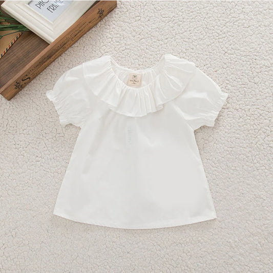 Baby Girl's Blouse Summer New Cotton Breathable Shirt Tops Clothing for Girls Versatile Ruffle Collar Short Sleeved T-shirt