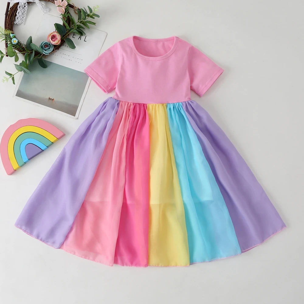 2021 New Baby Girl Cotton Fashion Rainbow Short Sleeve Color Block Colorful Party Dresses for Kids Princess Kids Dress 1-7years