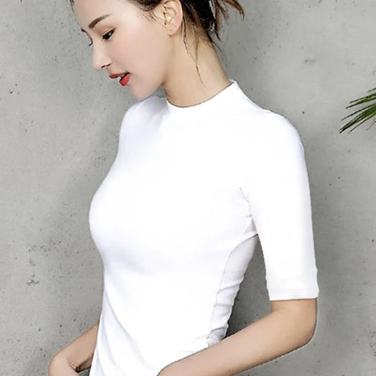 Women Clothings Half sleeve tshirt for woman Turtleneck Solid Color Women's Tops Spring Summer Autumn Cotton Shirt for womens