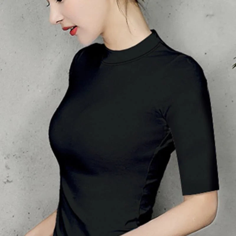 Women Clothings Half sleeve tshirt for woman Turtleneck Solid Color Women's Tops Spring Summer Autumn Cotton Shirt for womens