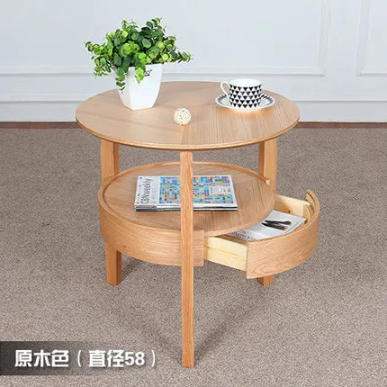Living Room Small Round Wooden Table with Drawer,Simple Sofa Side Table, Coffee Tea Table