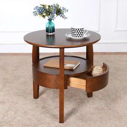 Living Room Small Round Wooden Table with Drawer,Simple Sofa Side Table, Coffee Tea Table
