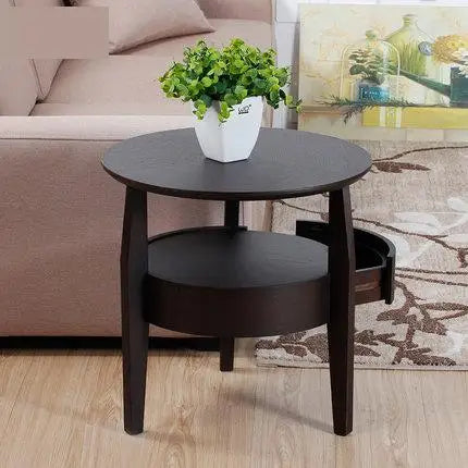 Living Room Small Round Wooden Table with Drawer,Simple Sofa Side Table, Coffee Tea Table