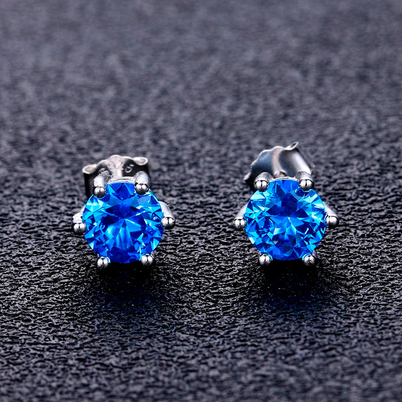 Women's Stud Earrings S925 Silver Fine Jewelry Round AAAAA Sky Blue Zircon Wedding Engaging Party Gift