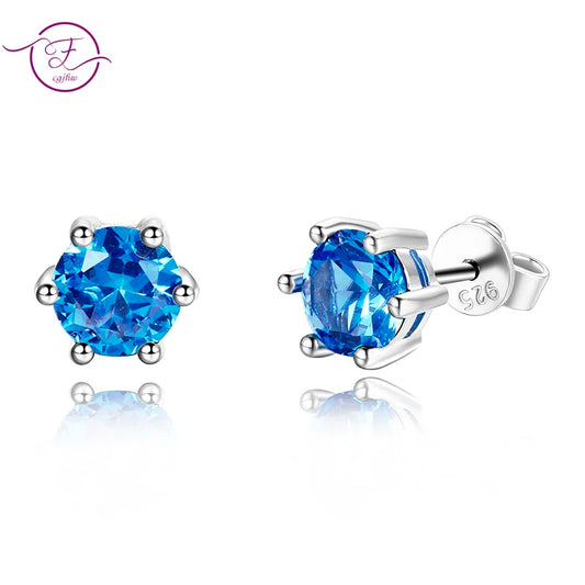 Women's Stud Earrings S925 Silver Fine Jewelry Round AAAAA Sky Blue Zircon Wedding Engaging Party Gift