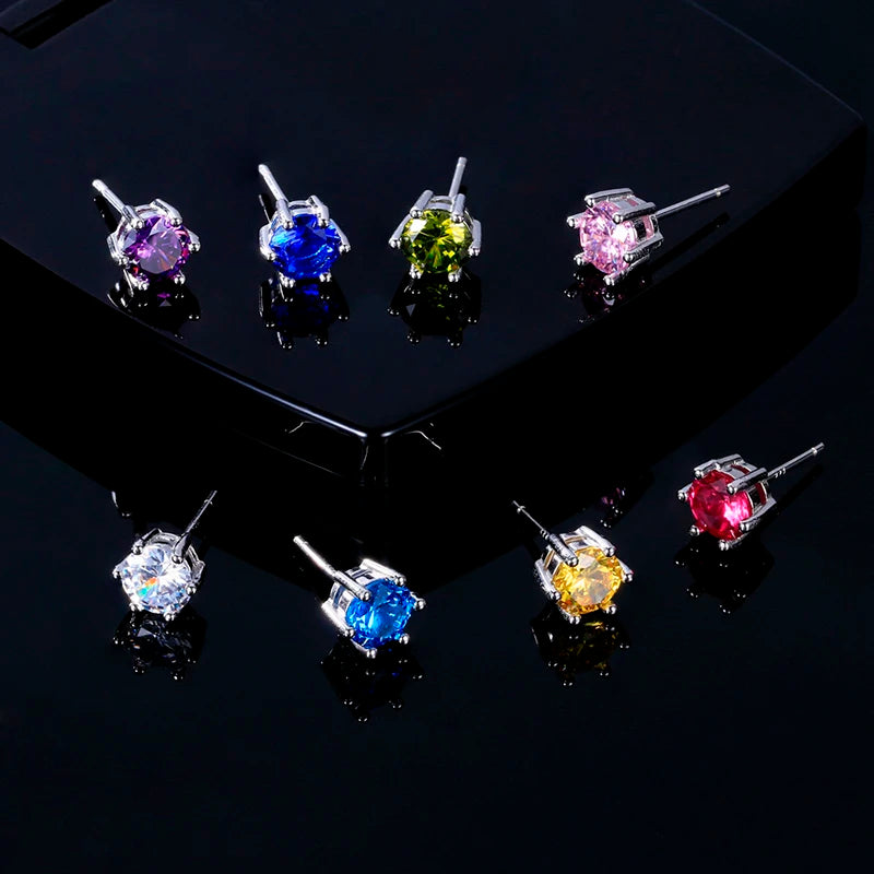 Women's Stud Earrings S925 Silver Fine Jewelry Round AAAAA Sky Blue Zircon Wedding Engaging Party Gift