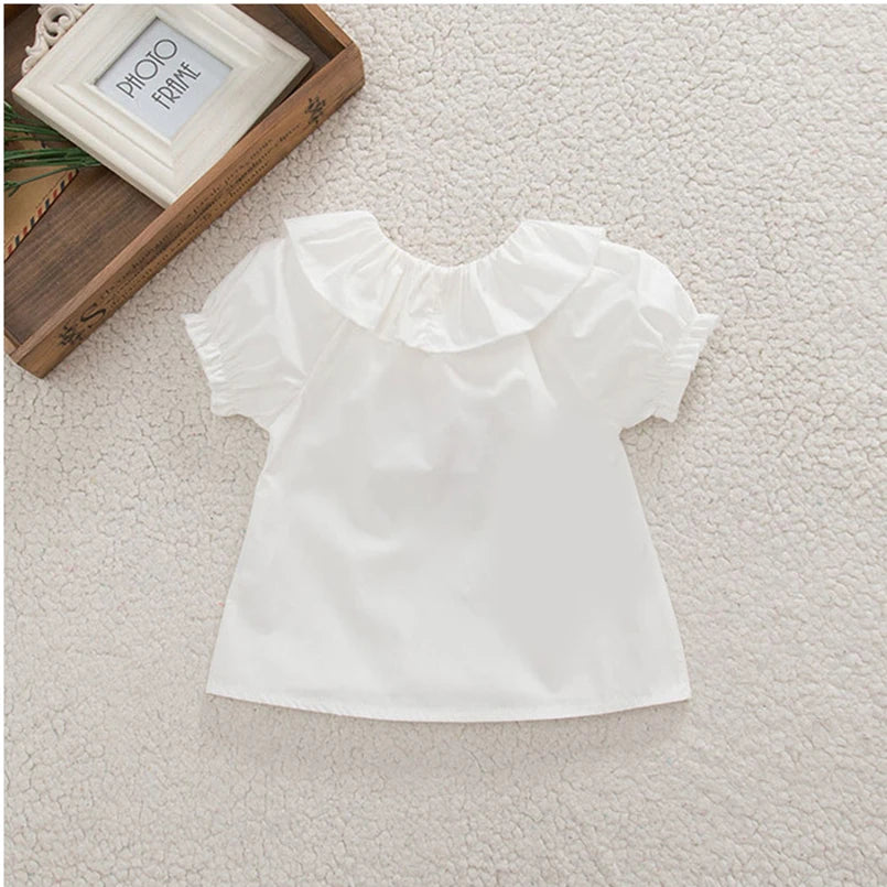 Baby Girl's Blouse Summer New Cotton Breathable Shirt Tops Clothing for Girls Versatile Ruffle Collar Short Sleeved T-shirt