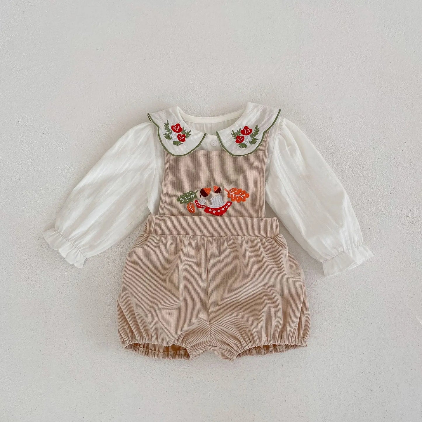 Spring New Baby Clothing GIRL's Fashion Versatile Embroidered Polo Collar Cardigan Top+Strap Pants 2-piece Set