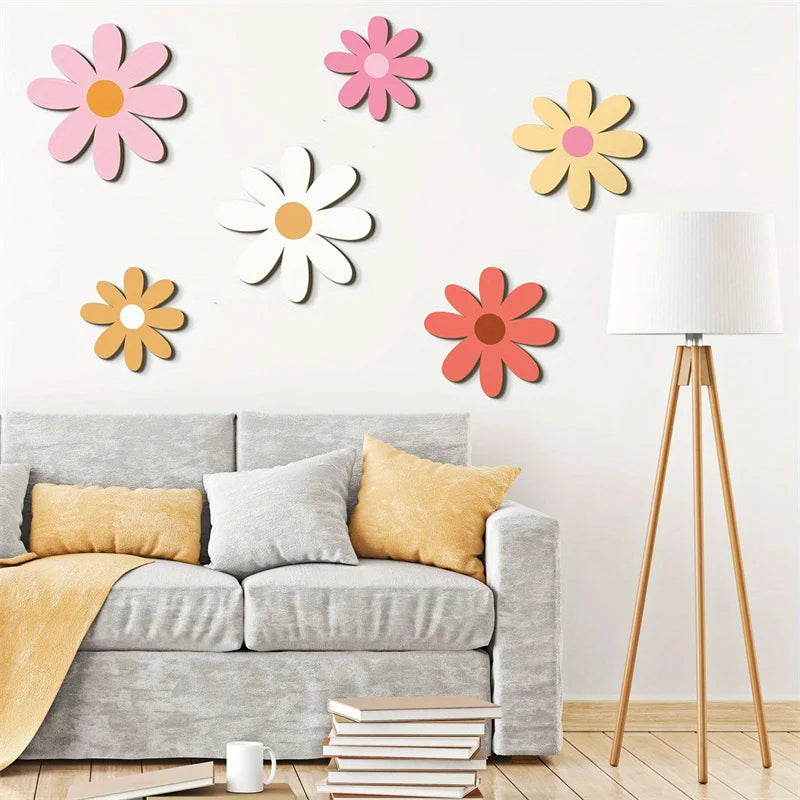 Nordic Wooden Flower Wall Ornaments Kids Room Decoration Boho Wood Daisy Flowers Stickers Crafts Baby Nursery Decor Photo Props