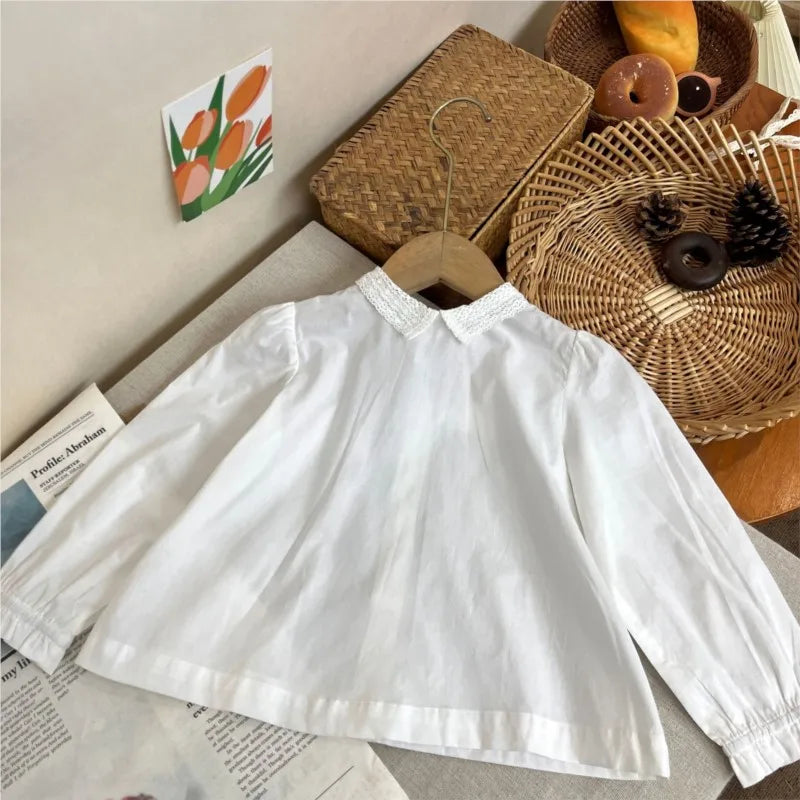Fashion Baby Girl Princess Cotton Shirt Lace Collar Infant Toddler Child Blouses Outfit Spring Autumn White Baby Clothes 1-10Y