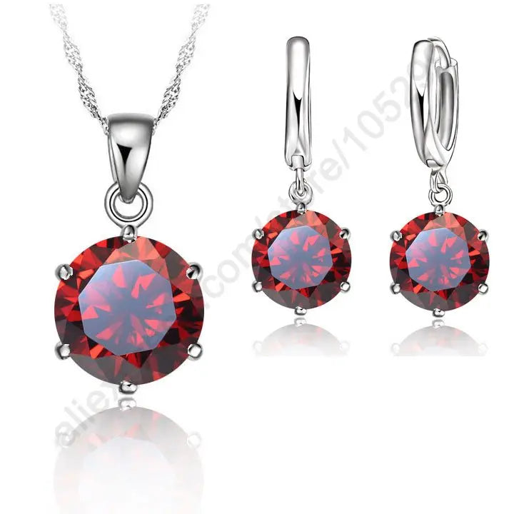 Woman Genuine 925 Sterling Silver Jewelry Sets Cubic Zircon Crystal Lever Back Earrings Pendant Necklace Nice Gifts 8MM Stone