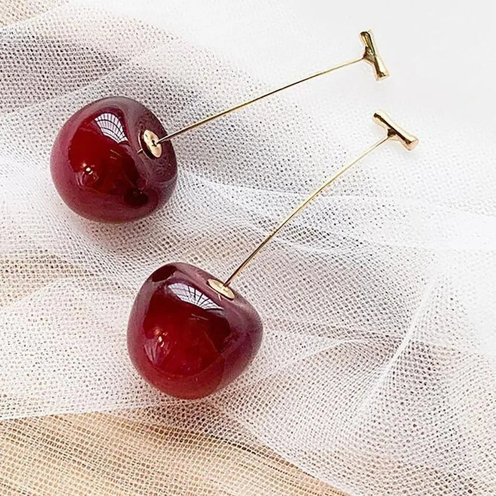 Woman's Exquisite Cherry Pendant Earrings Sweet Red Shiny Gold Color Ins Dangle Stud Earring Daily Jewelry Birthday Gift