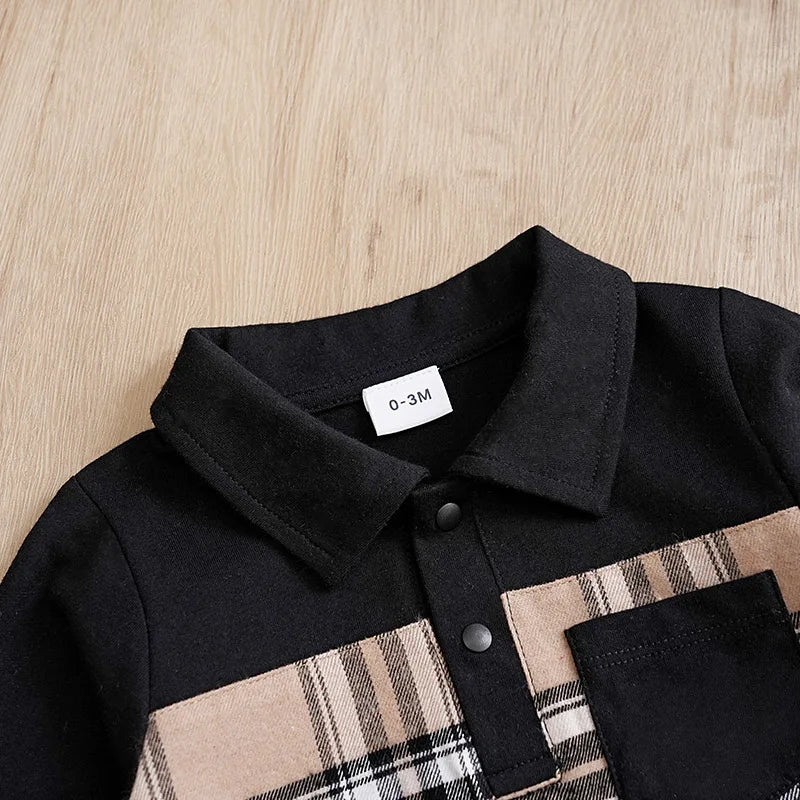 Newborn Baby Boy Clothes Black baby onesie with khaki check print One-piece cotton gentleman's spring and autumn pajamas