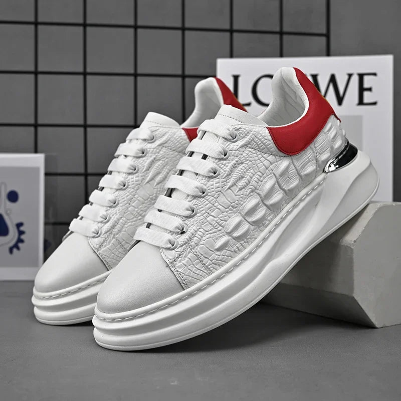 Men's Shoes 2025 Men Genuine Leather Pattern Lace-up Thick Sole Casual Sneakers Versatile Muffin Shoes Male Board Footwear