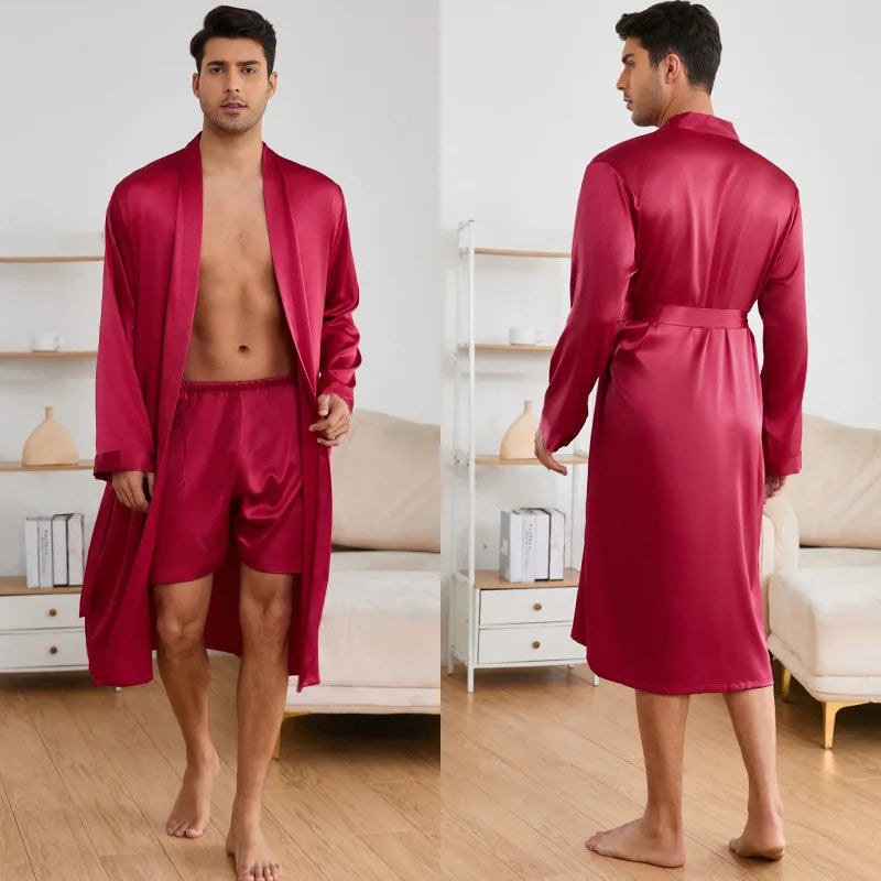 Men's Long Robe Pajama 2-Piece Set Silk Satin Kimono Bathrobe Gown Home Clothing Loose Casual Pijamas Suit Loungewear Sleepwear
