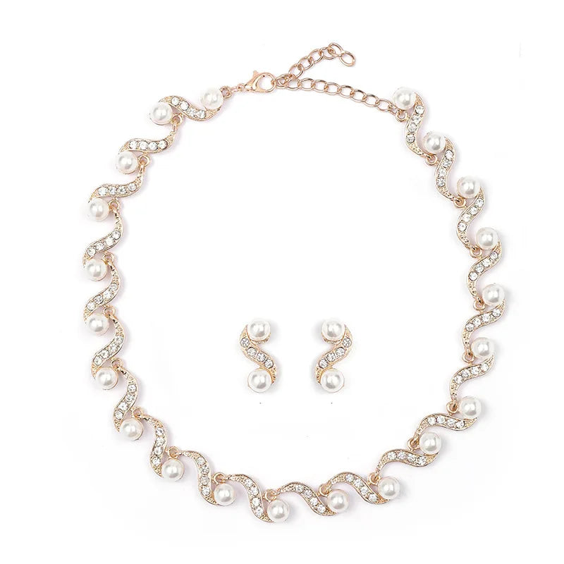 New pearl  jewellery woman necklace Women's earrings two-piece jewelry sets niche versatile sweater chain lock  bone chain alloy