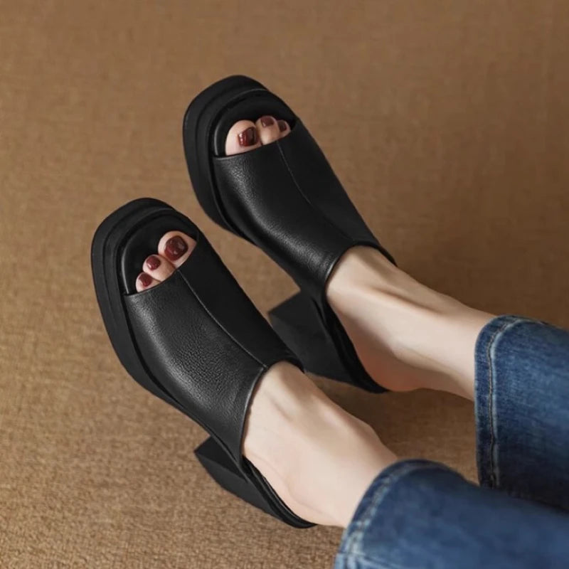 Women's Slippers Summer New High Heels Thick Bottom Round Head Open Toe Simple Sandals Casual Comfort Increase Root Slippers