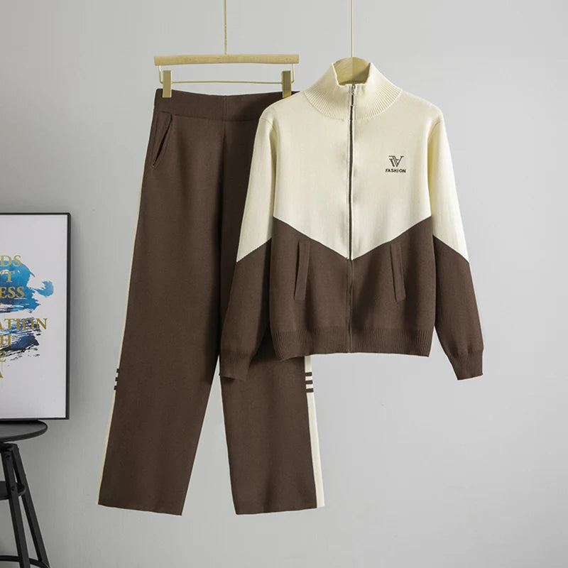 Womens Clothing 2 Pieces Set Casual Color Block Sports Suits Half High Collar Cardigan Sweater Trouser Tracksuit Women Clothing