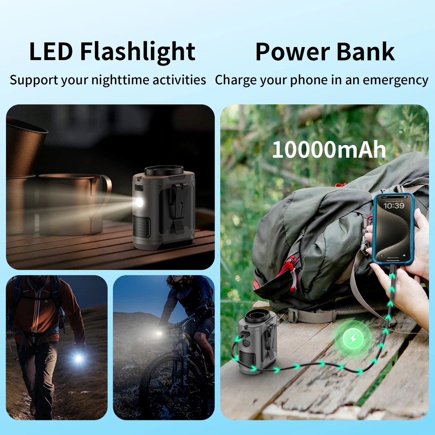 20000mAh Outdoor Portable Waist Fan Hanging Neck Fan Strong Wind with Power Bank LED Lighting for Sports Courier Outdoor Working