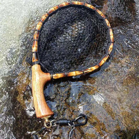 Fly Fishing Landing Net with Wood Handle, Wooden Frame, Soft Rubber Mesh, Waterproof Nylon Nets with Magnetic Release