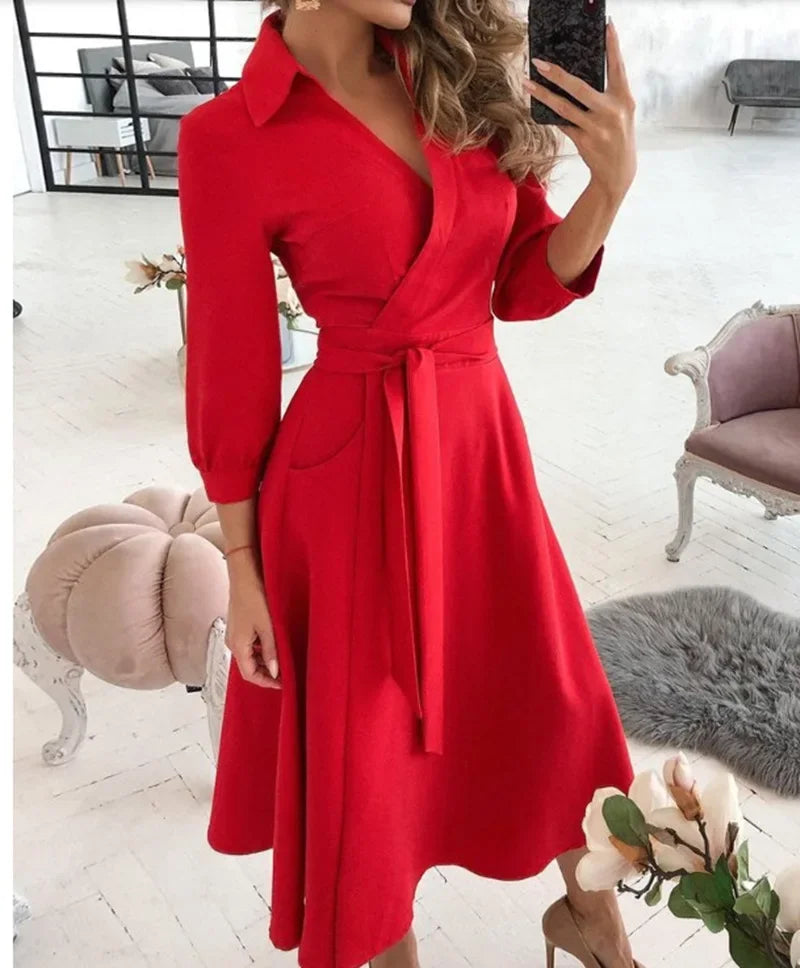 Women's Clothing Dress for Women Dress Spring Autumn Fashion Office Ruched Dress Long-sleeved V-neck Red Black Blue Bag Hip