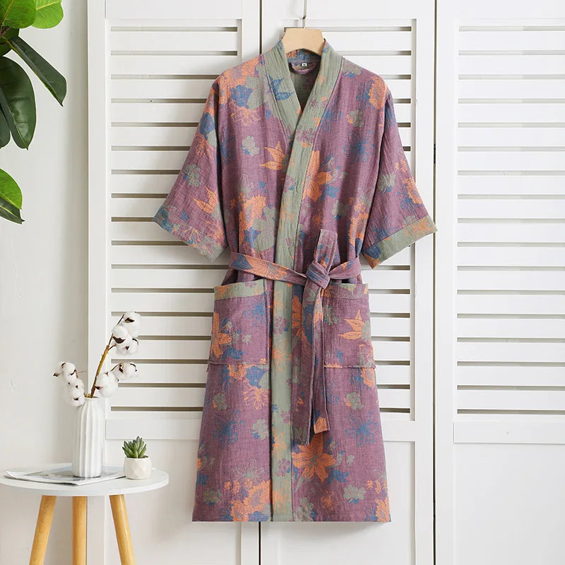 New 100% Cotton Lady's Bathroom Robe Printed Nightgown Style Pure Cotton Double-Layer Gauze Comfortable Dressing Gown for Women