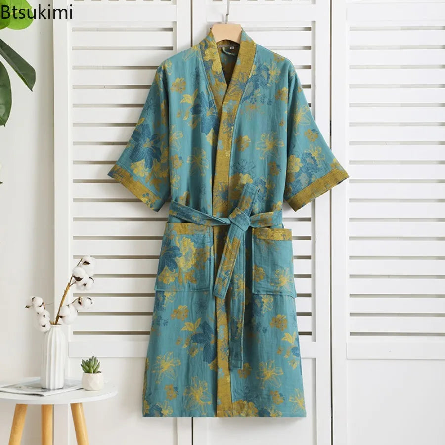 New 100% Cotton Lady's Bathroom Robe Printed Nightgown Style Pure Cotton Double-Layer Gauze Comfortable Dressing Gown for Women