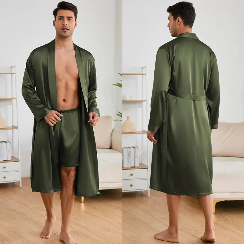 Men's Long Robe Pajama 2-Piece Set Silk Satin Kimono Bathrobe Gown Home Clothing Loose Casual Pijamas Suit Loungewear Sleepwear
