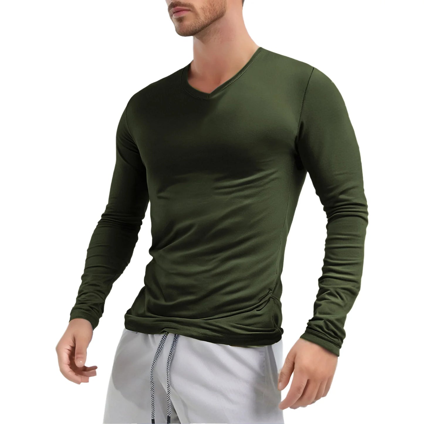 Men's Clothing Fashion V Neck Slim Fit T-shirt Tops Long Sleeve Slim Fit Undershirt Casual Solid Color Long Sleeve Tees Tops
