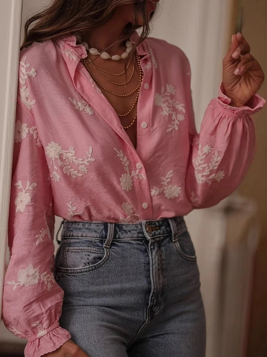 Women's Clothing 2025 Spring Autumn Fashion Casual Long-sleeved Printed Blouse with A Collar and Puff Sleeves Office Lady Shirt