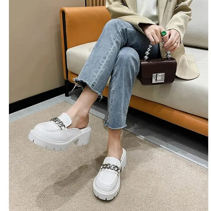 Women's Elevated Platform House Slippers Female Slides Shoes Square heel Mules Fashion Loafers Med Cover Toe Heels Luxury Fabric