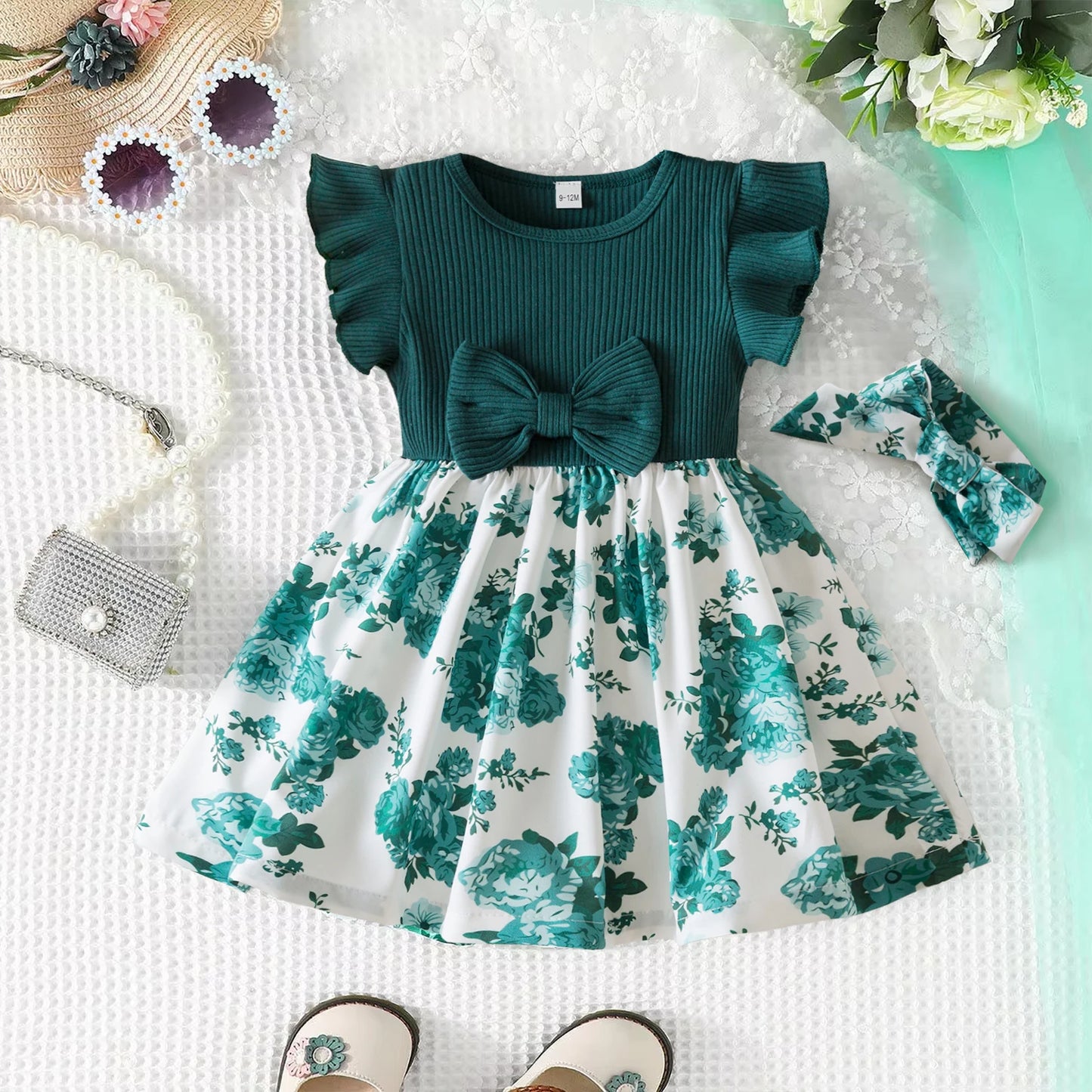 0-3 Years Baby Girl Clothes Summer Sleeveless Printed Dress Newborn Girl 1st Birthday Dress Ruffled Patchwork Dress and Headband