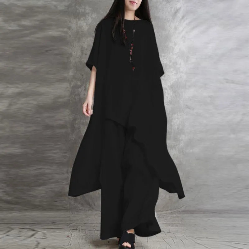 Women's Cotton Linen 2-piece Sets Large Size Casual Wear Sportswear Suit Short-Sleeved O-Neck Top Wide Leg Pants Suits For Women