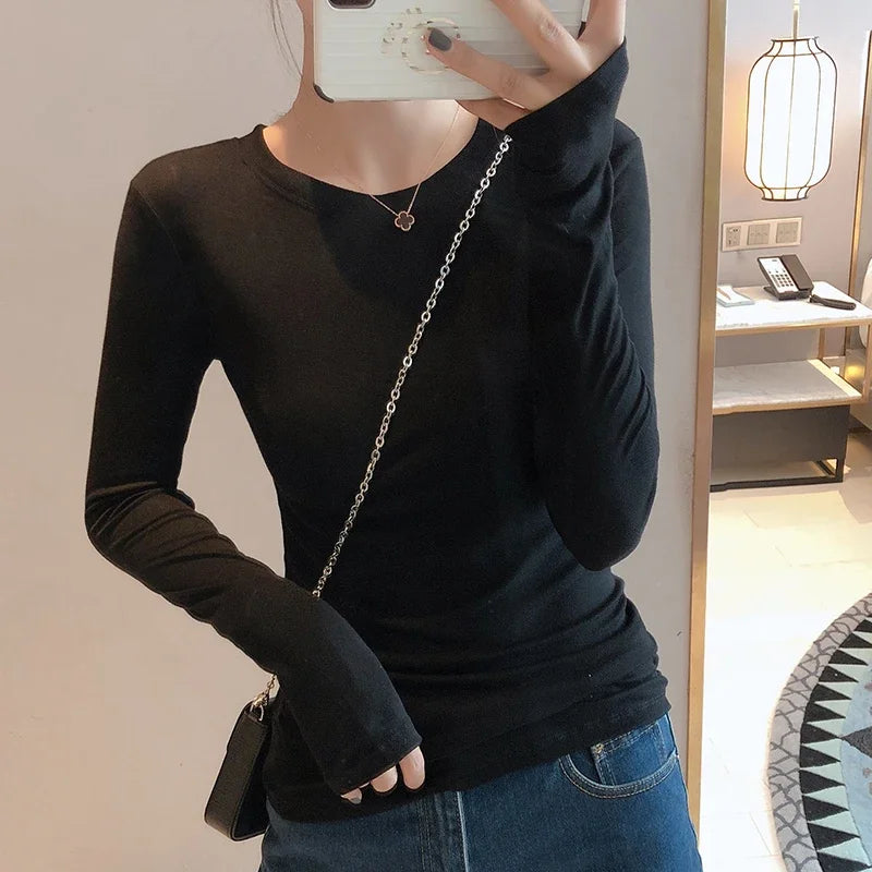 Women 2025 High Quality Plain T Shirt  Cotton Elastic Basic T-shirts Female Casual Tops Long Sleeve Sexy Thin T-shirt