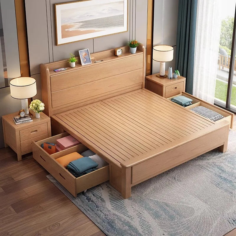 Nordic beech solid wood bed 1.8 meters master bedroom double bed modern simple 1.5 meters single log wind storage wedding bed
