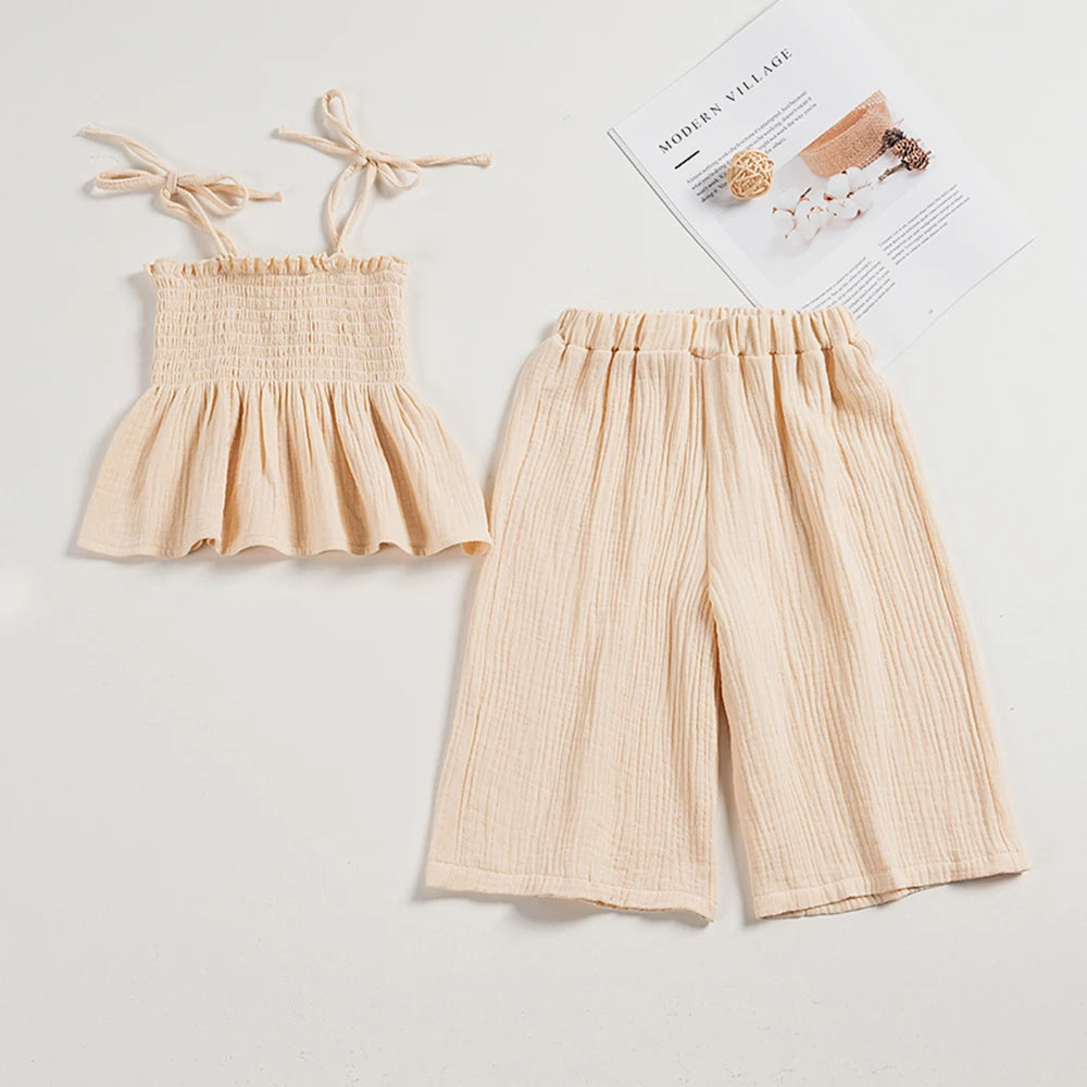 Baby Girl Muslin Cotton Sets Clothing for Girls Kids Newborn Item Summer Solid Color Sleveless Short + Wide Leg Pants  Camisole