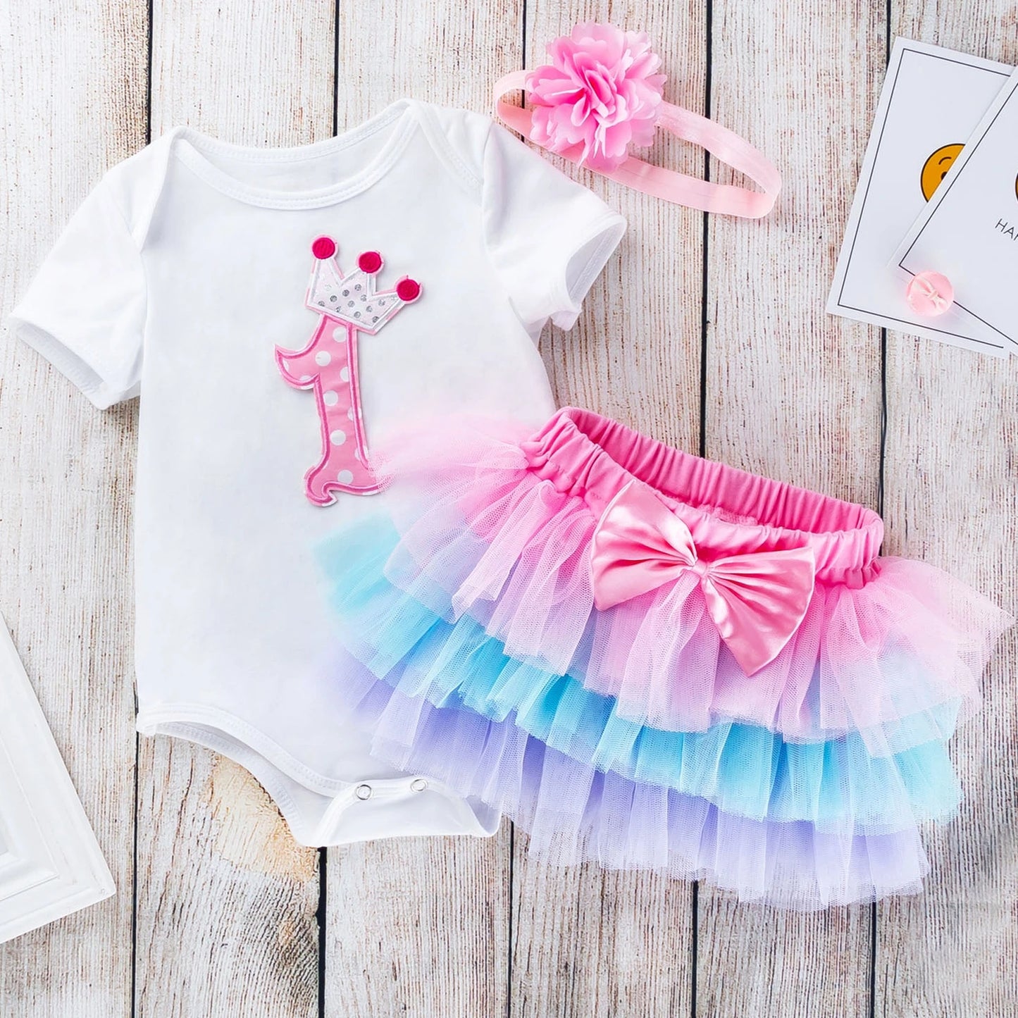 Newborn Girl Sweet Clothes Cotton First Birthday Bodysuit Cake Smash Tutu Skirt Headband Baby Girl Birthday Outfits Party Wear