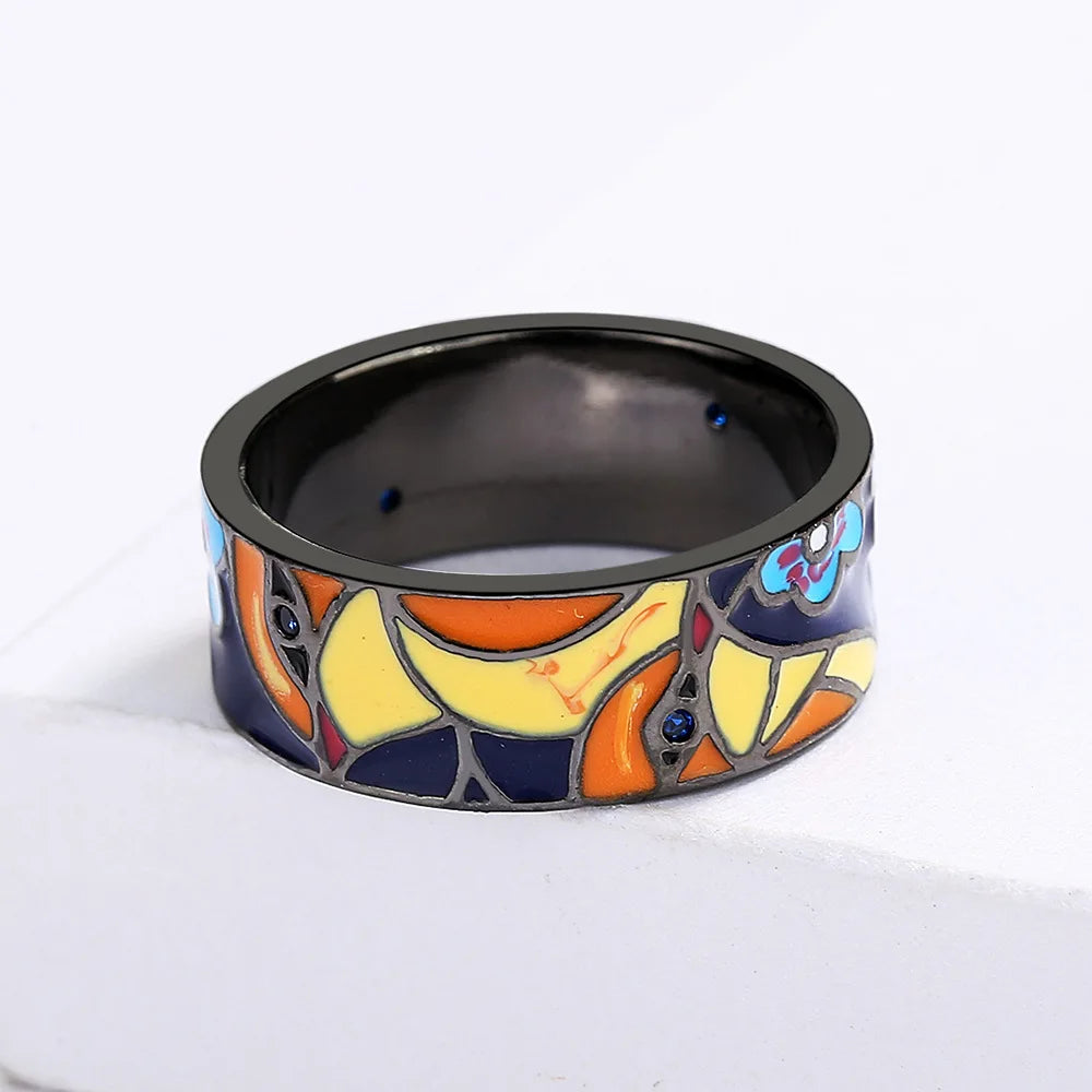 Exquisite Jewelry Rings for Women Blue Bird Flower Enamel Fine Jewelry Black Handmade Gifts