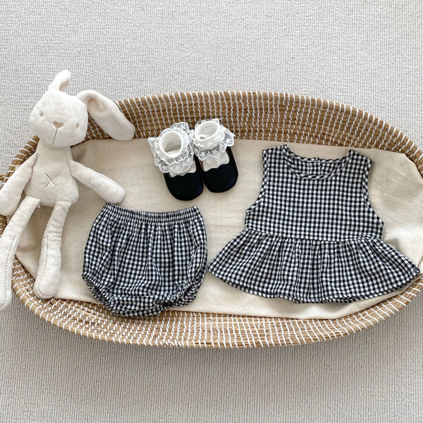 New Summer Baby Girl's Clothing Set Embroidered Floral Tee And Bloomer 2Pcs Suit Toddler Breathable Cotton Linen Plaid Outfit