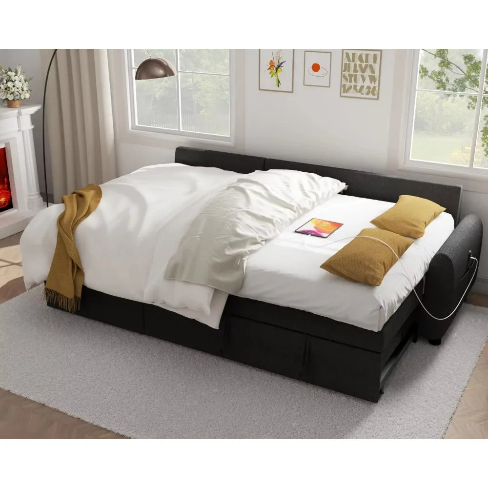 Living Room Sofa, Sectional Sofas, 87" Sleeper Sofa Bed with Side Pocket&Charging Station,Removable Backrest, Living Room Sofa