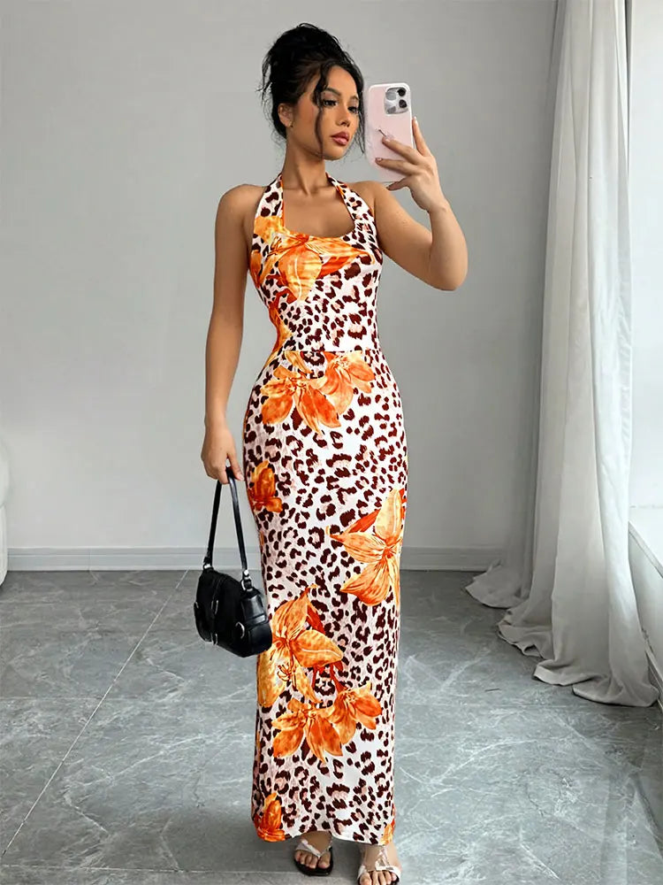 Women's Clothing Dress New Summer Sexy Backless Print Leopard V-Neck Dresses Streetwear Fashion Halter Lace-up Dresses Clothing