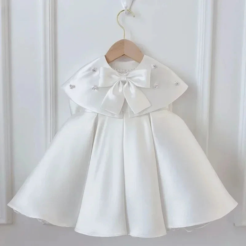 Baby Girl Princess Party Birthday Baptism Frocks Baby Clothes 1-7Y Pearl Silk Dress Cloak Infant Toddler Vintage Bow Vestidos
