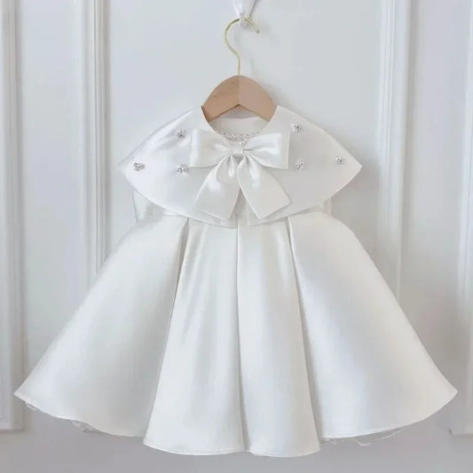 Baby Girl Princess Party Birthday Baptism Frocks Baby Clothes 1-7Y Pearl Silk Dress Cloak Infant Toddler Vintage Bow Vestidos