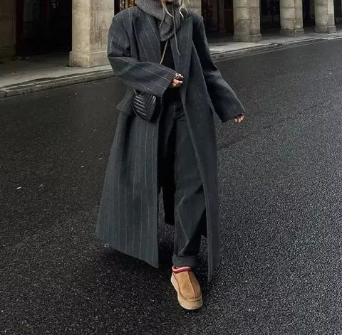 Women's clothing Long style Buttons Coat Outerwear New style Turn-down collar Loose fit Chic Commuter Trench coat Fashionable