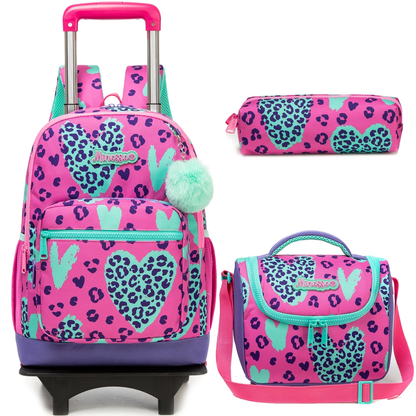 Cute Rolling Backpack for Girls Trolley School Bags Girls Backpacks with Wheels Kids Carry-on Travel Luggage Pink