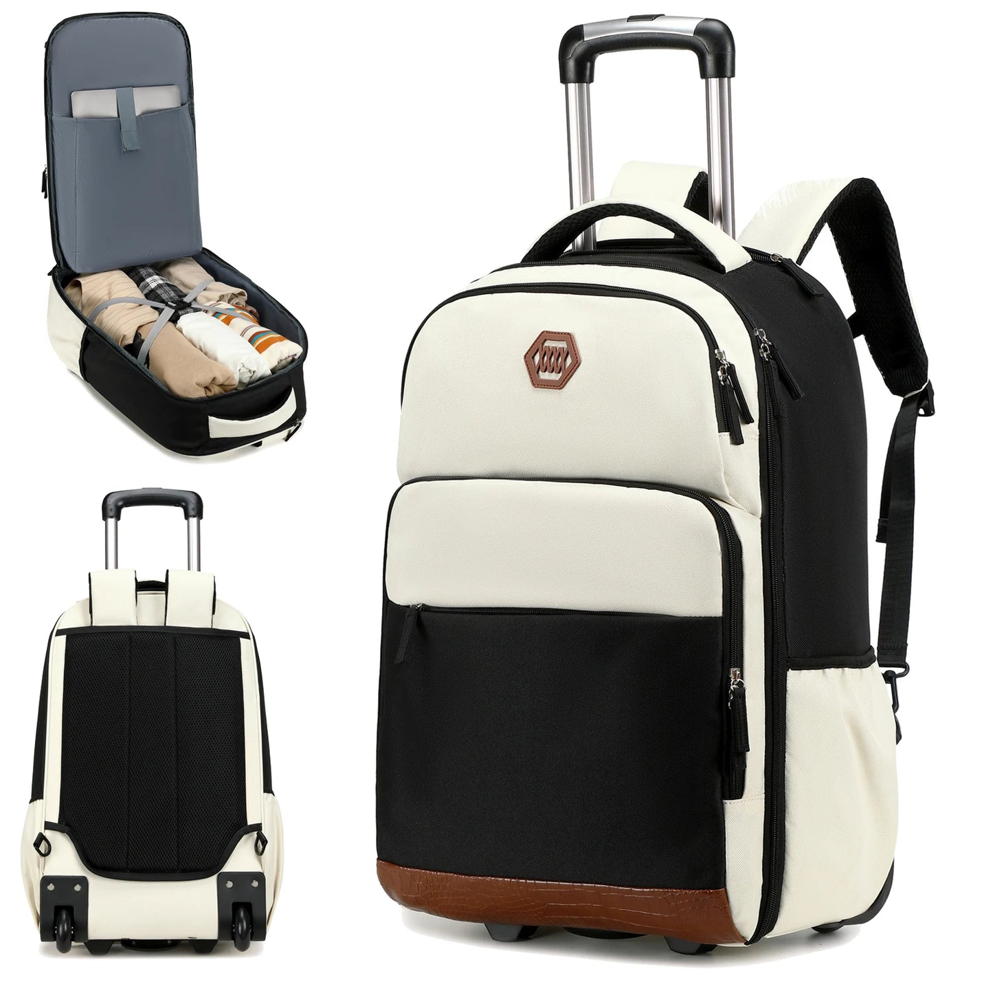 Rolling backpack with wheels suitable for 17.3-inch laptop business backpack for women and men, waterproof travel luggage bag