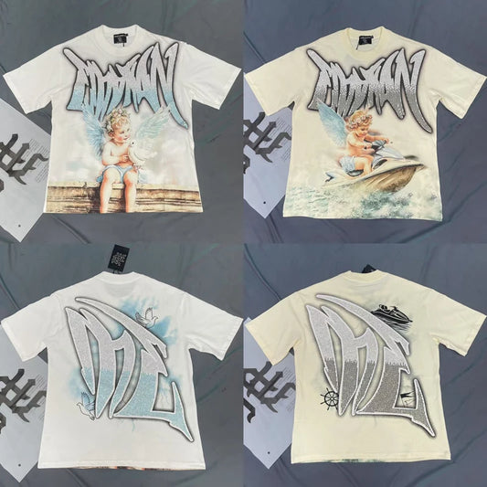 Men's Clothing MIXED EMOTION T-shirts American Streetwear Interesting Angel Print Hot Drill Letter Logo Top Tee Short Sleeve