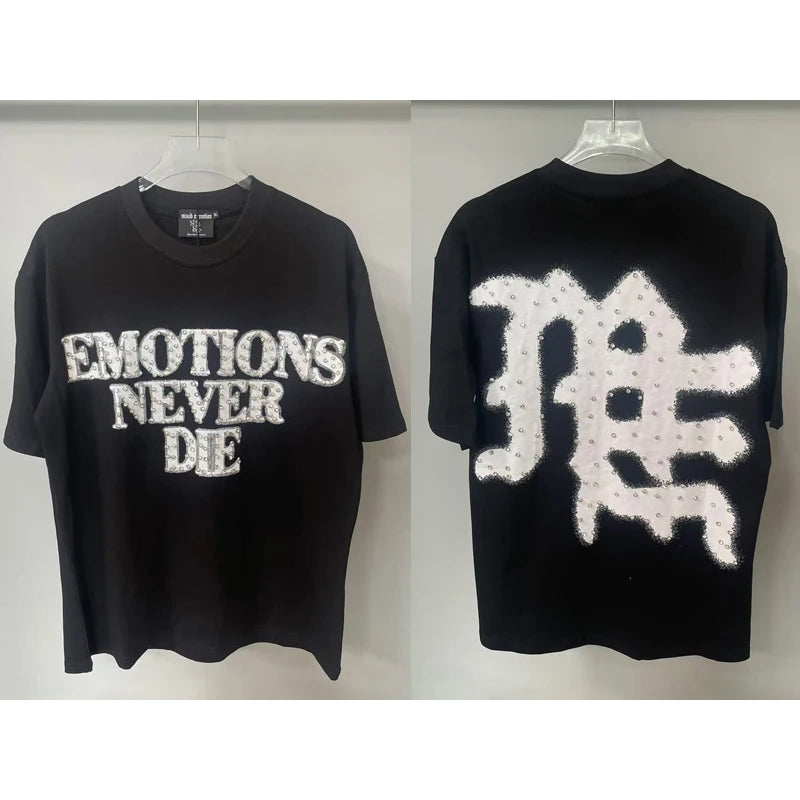 Men's Clothing MIXED EMOTION T-shirts American Streetwear Interesting Angel Print Hot Drill Letter Logo Top Tee Short Sleeve